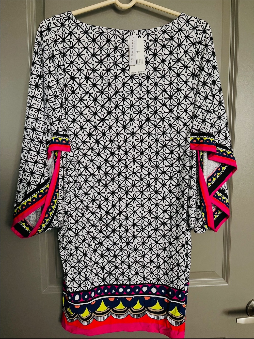 Trina Turk White Black Geometric swim coverup dress with Neon Trim M - nwt